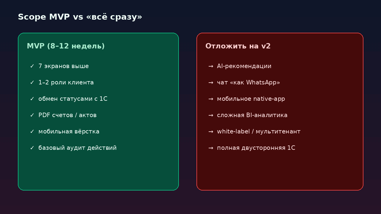 Scope MVP личного кабинета B2B против функций, которые откладывают на вторую версию