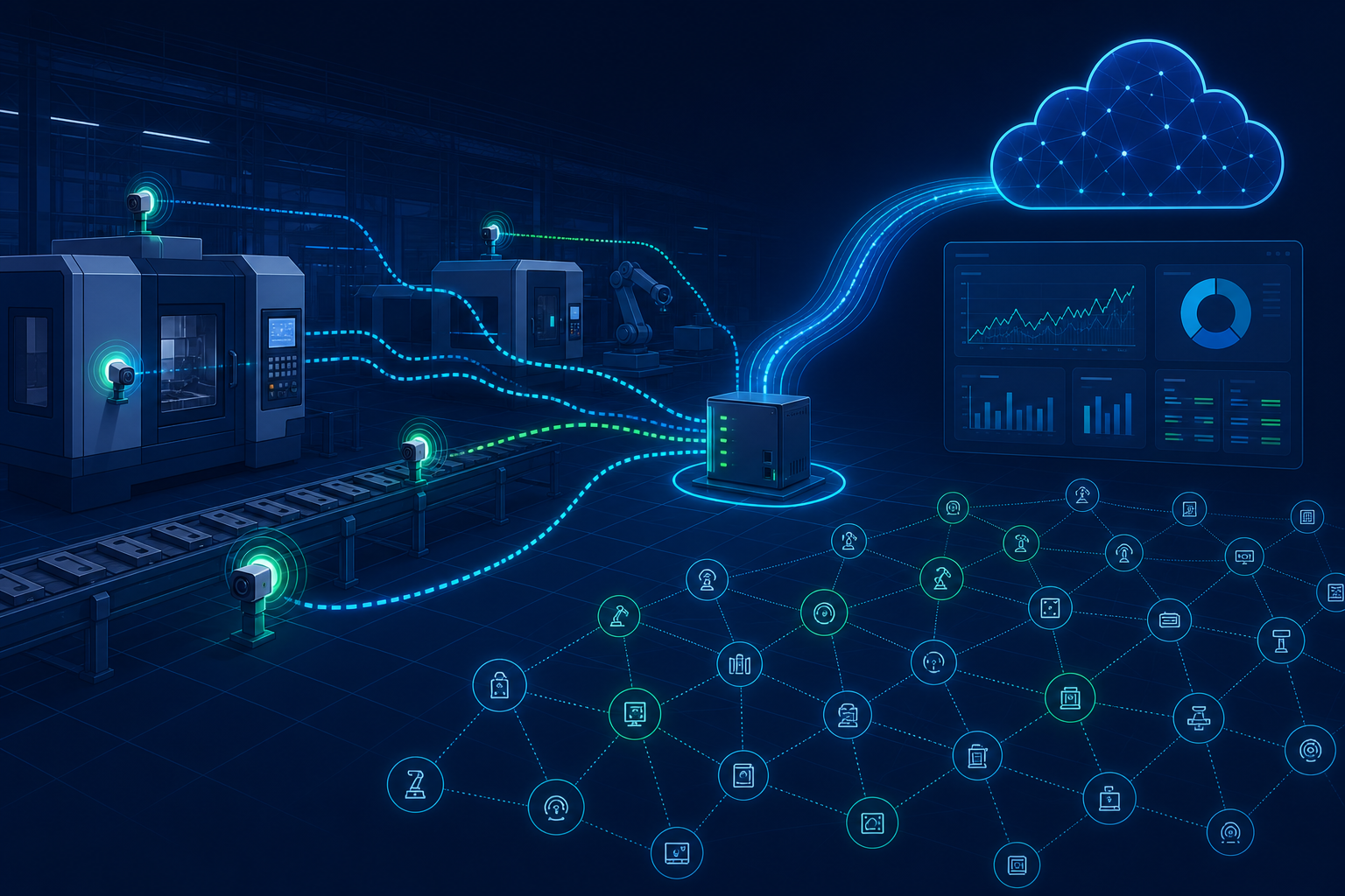 Промышленный IoT: датчики на оборудовании, поток данных через edge-шлюз в облачную аналитику