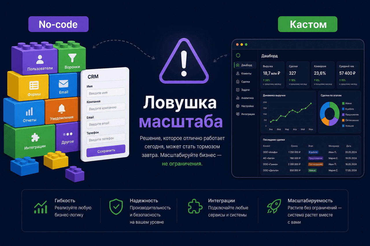 No-code vs кастомная разработка: конструктор блоков против своего веб-приложения