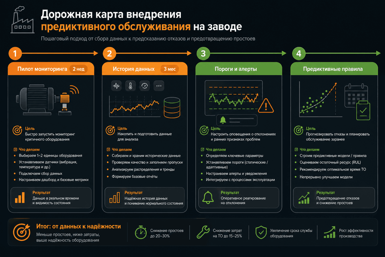 Дорожная карта предиктивного обслуживания: пилот мониторинга, история данных, алерты, предиктивные правила