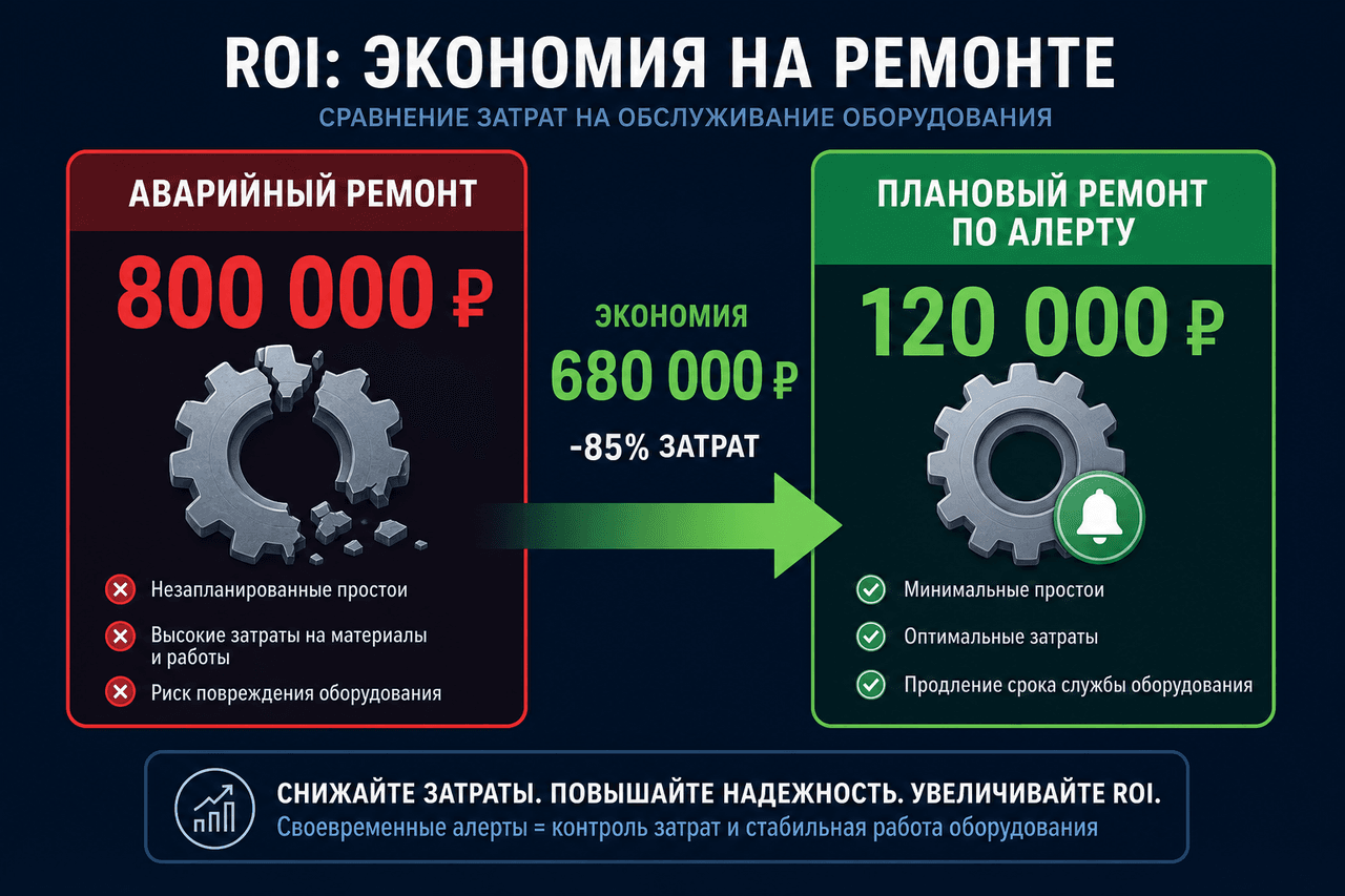 Сравнение: аварийный ремонт 800 000 ₽ против планового обслуживания по алерту 120 000 ₽