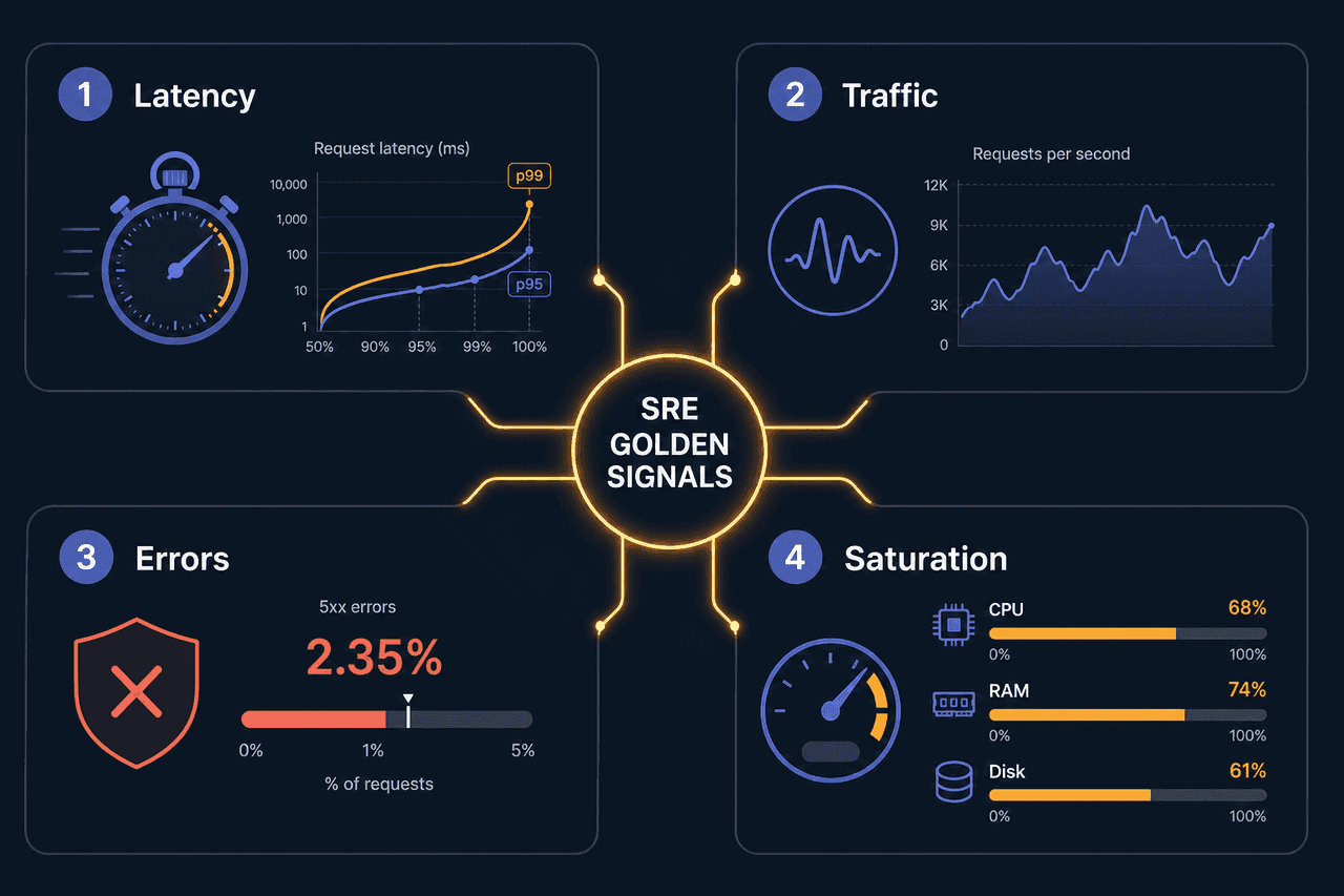 Four monitoring metrics: speed, traffic, errors, server capacity