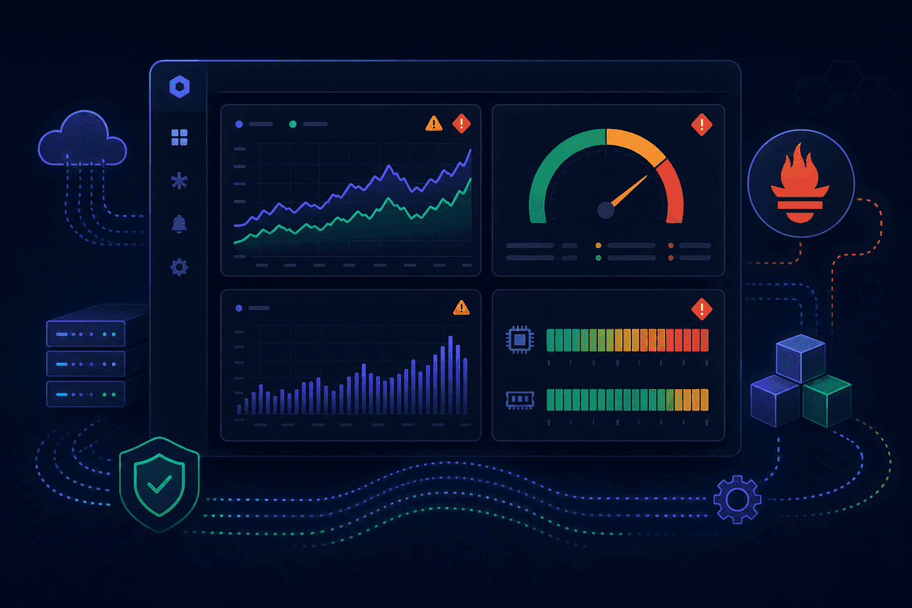 Production monitoring dashboard: speed, errors, traffic, server load