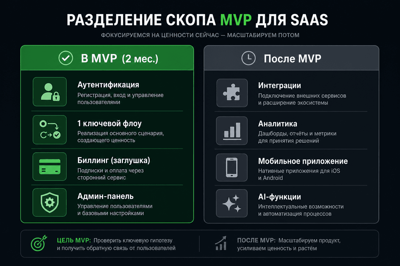 Объём работ MVP SaaS: авторизация, одна ключевая функция и биллинг против отложенных интеграций и мобильного приложения