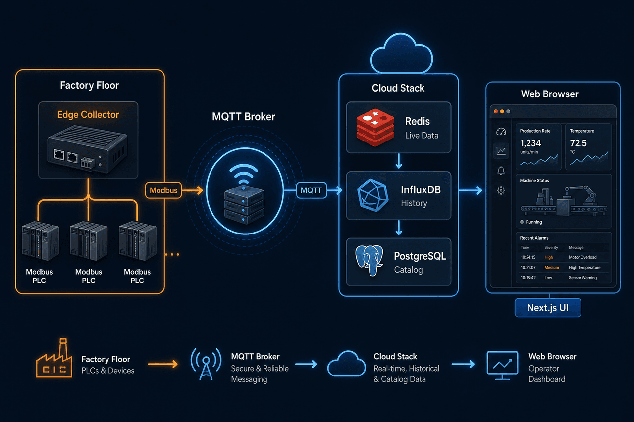 Архитектура WL-SCADA: Modbus → Collector → MQTT → Redis/InfluxDB → web UI