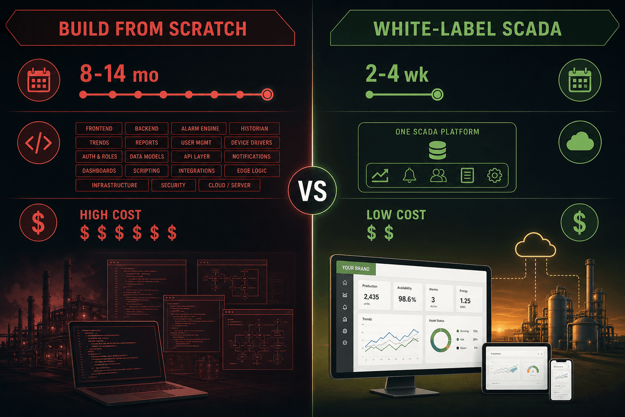 Сравнение: разработка SCADA с нуля 8–14 месяцев vs white-label пилот 2–4 недели
